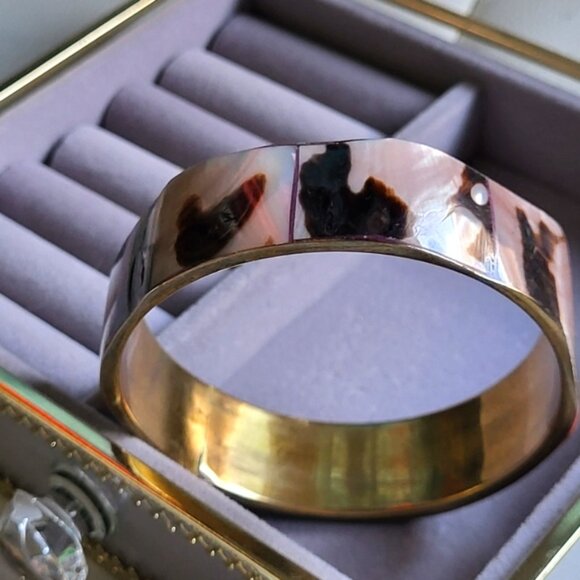 Vintage Brass Abalone Shell Round Bangle Bracelet Handcrafted Boho - Picture 7 of 8